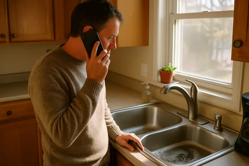 Homeowner on the phone beside a slow kitchen sink